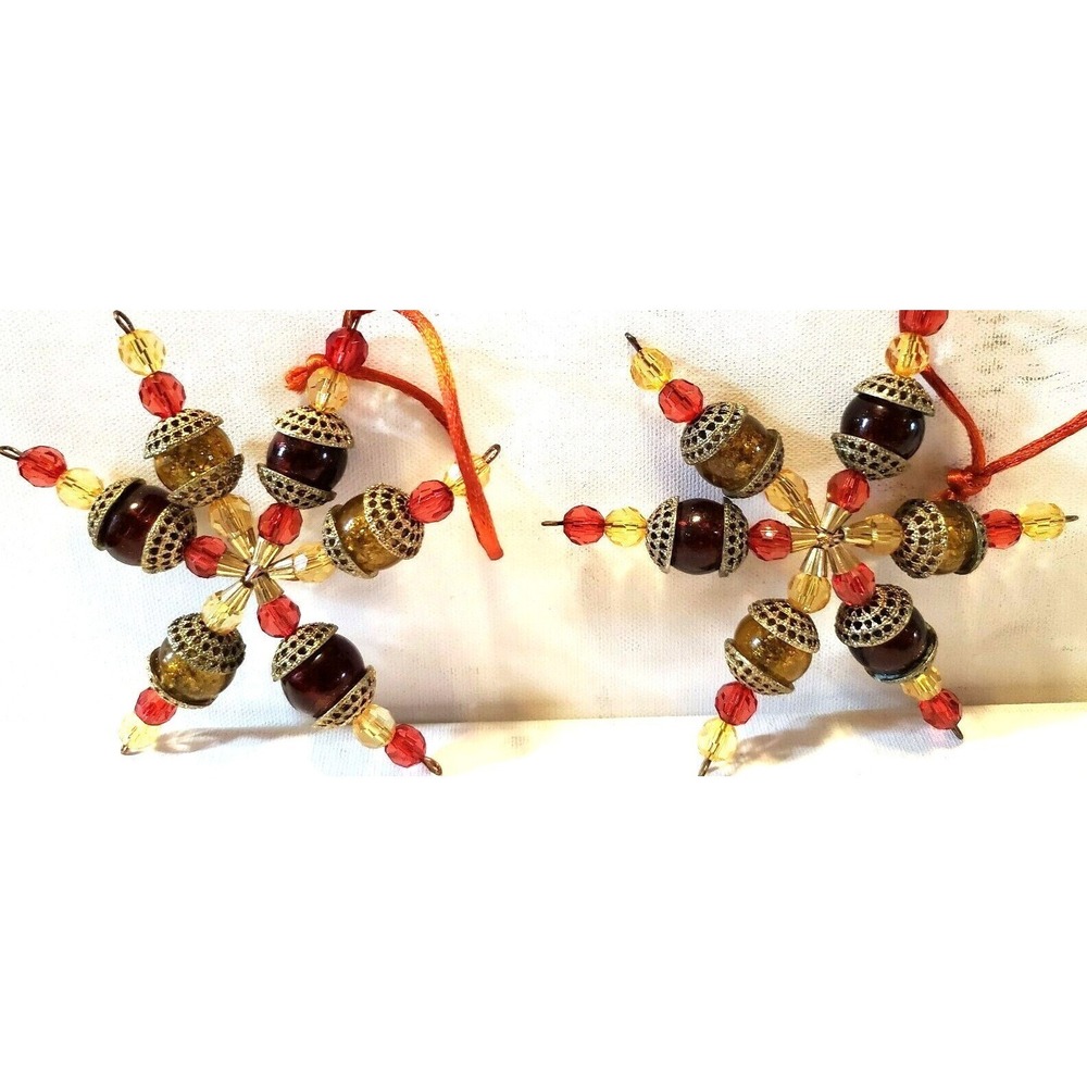 Pair Vintage Beaded Snowflake Ornaments Amber Brown Gold Filigree Christmas Set